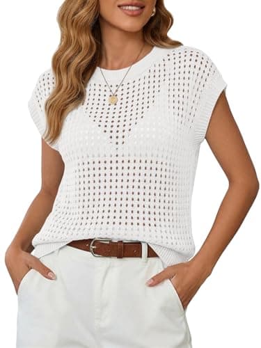Saodimallsu Womens Crochet Sweaters Summer Cap Sleeve Knit Tops Lightweight Crewneck Beach Vacation Clothes White - Image 1