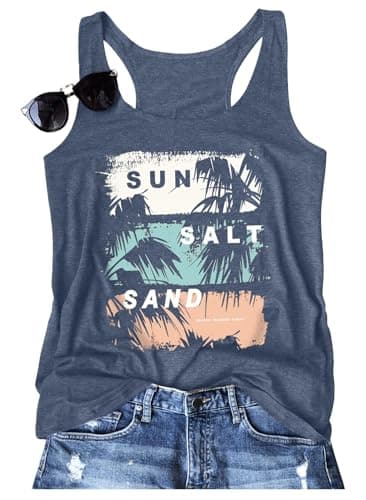 Binshre Graphic Tank Tops for Women Sun Salt Sand Vintage Print Racerback Tank Tops Summer Casual Beach Sleeveless O-Neck Vacation Shirt Cami - Image 1