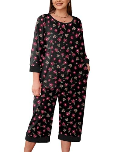 AusLook Women’s Plus Size Pajama Sets Floral 3/4 Sleeve Nightwear Top and Capri Pants 2 Piece Lounge Set with Pockets - Image 1