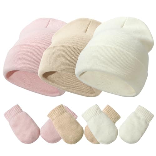 Baby Hats and Mittens Set Infant Toddler Beanie Caps Hospital Hat Set Newborn Gloves for Baby Boys Girls White/Pink/Khaki S - Image 1
