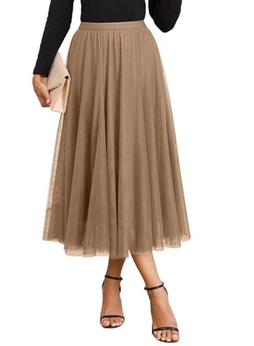 Happy Sailed Long Skirts for Women Elastic High Waisted A-Line Pleated Flowy Tulle Skirt for Date Night Spring Outfit Fashion 2026 Brown Small - Image 1