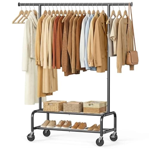WATIOWL Clothes Rack for Hanging Clothes, Portable Clothing Rack with Wheels Sturdy Garment Organizer Metal Portable Wardrobe Closet with Double Shelves for Bedroom Laundry Living Room, Black - Image 1