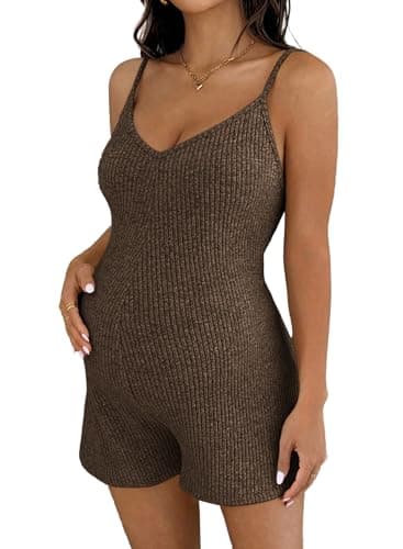 BLENCOT Maternity Shorts for Women Stretchy Casual V Neck Summer Romper Sleeveless One Piece Jumpsuit Brown Small - Image 1