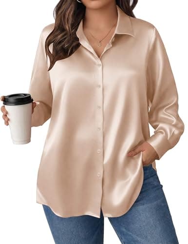 IN'VOLAND Plus Size Satin Blouses for Women Silk Button Down Fall Shirts - Image 1