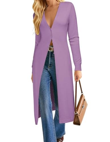 GRACE KARIN Womens Long Cardigan Trendy, Lightweight Knit Dusters Coat, V Neck Button Up Sweater Maix Dress Purple S - Image 1