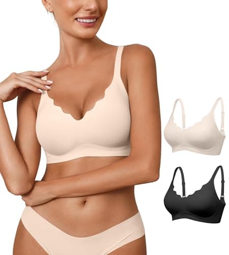 Womens Seamless Bras No Underwire Wireless Push Up Full Coverage Bra Scalloped V Neck T-Shirt Bra Comfort Bralettes(2P1,S) - Image 1