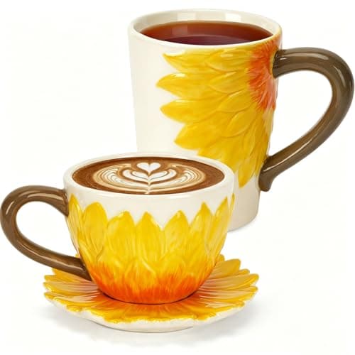 Ceramic Tea Cup Set of 2 - 15oz and 9oz Ceramic Tea Mug with Saucer,3D Hand-Painted Design,Couples Gift Set, Lead-free, Microwave & Dishwasher Safe,for Women Wedding Housewarming Birthday,Sunflower - Image 1