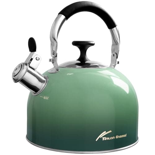 Tinlon Enamel 2.5 Qt Whistling Tea Kettle for Stovetop, Green