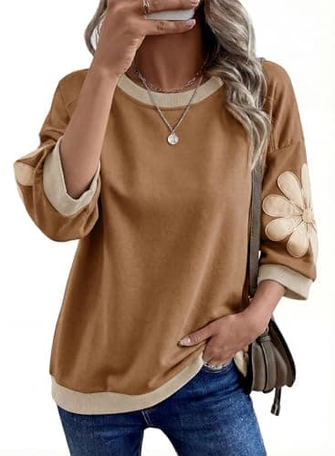 Dokotoo Women's Summer 3/4 Sleeve Sweatshirts Color Block Crewneck Casual Loose Trendy Pullover Tops Comfy Sweatshirt Ribbed Fashion Outfits Brown X-Large - Image 1