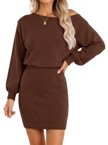 Wenrine Women Off the Shoulder Sweater Dress Long Sleeve Knit Mini Dresses - Image 1