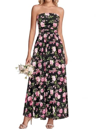 BTFBM Summer Maxi Dresses for Women 2026 Strapless Tube Top Floral Spring Wedding Guest Dress Beach Vacation Outfits(Black Pink Flower, X-Large) - Image 1