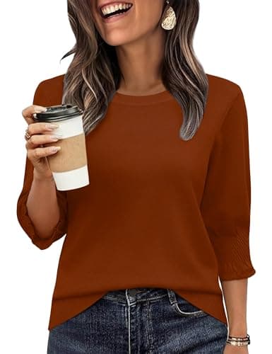 Totatuit Womens Dressy Fall Sweater 3/4 Pleated Sleeve Tops for Women 2026 Crew Neck Pullover Fit Sweater Caramel XX-Large - Image 1