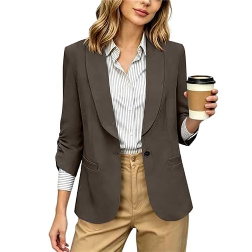 Blazers for Women Business Casual, 2026 Summer Trendy Womens Lapel Collar 3/4 Sleeve Lightweight Blazers Slim Fit Open Front Work Office Suit Jackets Blazer with Pockets 01# Brown XXL - Image 1