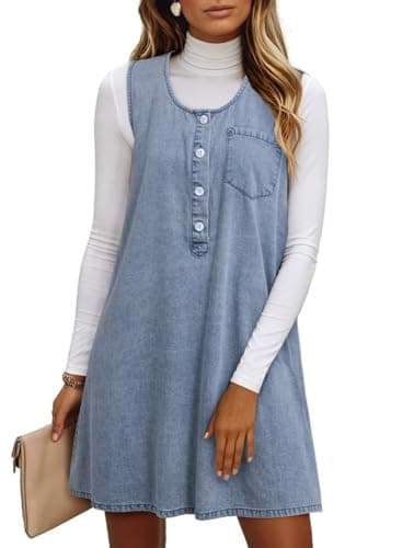 Dokotoo Women's Sleeveless Casual Denim Dress Crewneck Vintage Loose Fit Jean Overall Dress with Pockets 2026 Summer Fashion Trendy Button Outfits Myosotis - Image 1