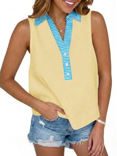 Tankaneo Womens V Neck Cropped Tank Tops Summer Dressy Casual Loose Fit Sleeveless Shirts Button Up Color Block Tees Yellow - Image 1