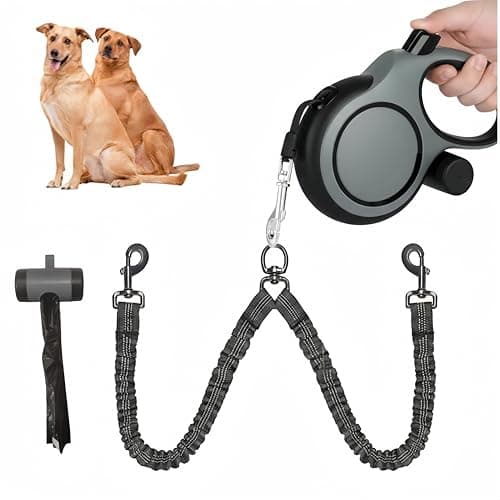 Dual Retractable Dog Leash 2 Large Dogs (Up to 110 Lbs Each), 2 Headed Pet Leash with Poop Bags, 16ft/5m Extension, Non-Slip Grip, One-Button Break & Lock, 360-degree Tangle-Free (Gray, Medium) - Image 1