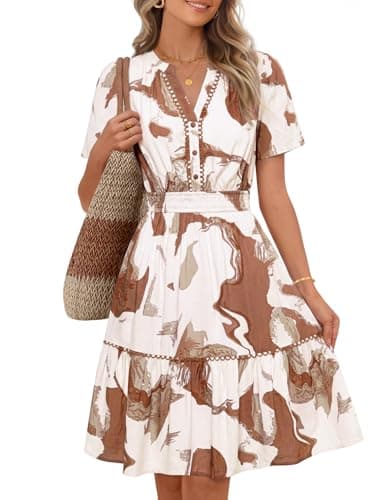 MEROKEETY Women's 2026 Spring Summer Floral Dress V Neck Short Sleeve Button A Line Boho Beach Flowy Vacation Dresses, Khaki, Small - Image 1