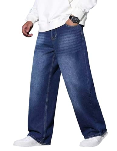 QGRSWBC Baggy Jeans Men Wide Leg Hip Hop Jean Casual Y2K Denim Pants Loose Fit Skater Long Trousers Dark Blue - Image 1