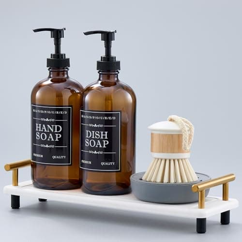 Soap Dispenser Set – 16oz Refillable Amber Glass Bottles with Brush Holder, Dish Scrub, Diatomite Tray, 12 Waterproof Labels – Brown Non-Slip Base for Home Upgrade, Rustic Farmhouse Style (Set of 6) - Image 1