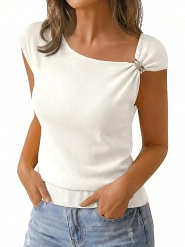 Saodimallsu Womens Sleeveless Sweater Tops Summer Casual Boat Neck Lightweight Knit Loose Trendy Sweater Vest White - Image 1