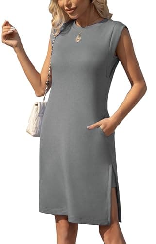 BEXIBOOM Women’s Wrinkle-Free Sleeveless Midi Dress with Pockets, Round Neck Loose Fit Side Slit Summer Dress for Work & Travel Dark Gray M - Image 1