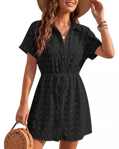 Women's Swiss Dot Short Sleeve Button Down Drawstring Cover Up Shirt Dress Black - Image 1