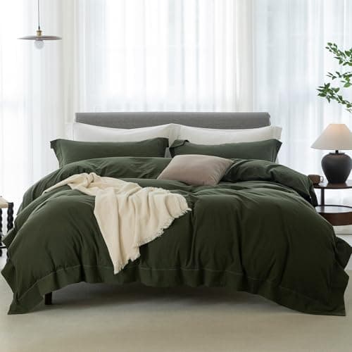 ELIMMO Cooling Twin Duvet Cover Set-100% Washed Cotton with Chic Wide Trim Design Linen Like Textured Ultra Soft Cozy Bedding with Zipper Closure(Hemmed Olive Green,Twin/Twin XL 68"x90") - Image 1