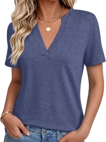 NORACORA Women's V Neck Short Sleeve T Shirt Summer Casual Tops Loose Fit Basic Blouses Trendy Fashion for Work Daily Wear Navy Blue M - Image 1