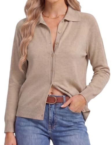 GRACE KARIN Women Lightweight Sweater Jacket Button Up Cardigan Sweater Collared Teacher Outfits 2026 Early Fall Fashion Khaki XL - Image 1