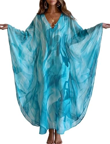 ZAFUL Kaftan Dresses for Women Moo Moos Plus Size O Ring V Neck Batwing Sleeves Beach Cover Ups Hawaii Summer Vacation Outfits Caftan Maxi Dress Loungewear Gradient Blue - Image 1