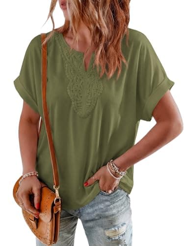 PRETTYGARDEN Short Sleeve Tops for Women Trendy Summer Lace Front V Neck Casual Shirts Women Boho Classy Going Out Top (Army Green, Small) - Image 1