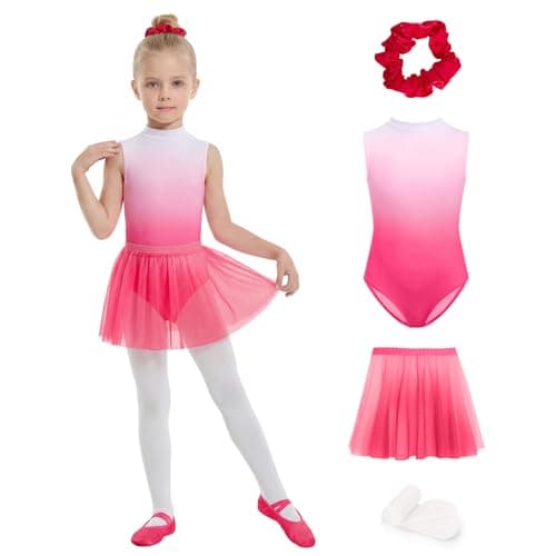 JiAmy Ballet Leotards for Girls 4 Pcs with Removable Skirt Gradient Color Dance Dress Outfits Combo Tights Scrunchy 4-5T,Rose Red - Image 1