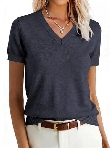 ANRABESS Women Wool Blend Sweater Summer 2026 Short Sleeve V Neck Pullover Top Business Casual Outfit Beach Vacation Clothes Dark Gray Medium - Image 1