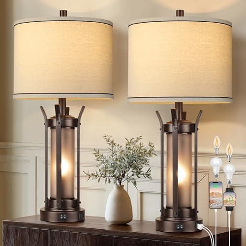 QiMH Farmhouse Table Lamps Set of 2 for Living Room, Beside Lamps for Bedroom with USB A+C Charging Ports, Rustic Nightstand Lamp with Frosted Glass Night Light, 4 Bulbs Included (Oil Rubbed Bronze) - Image 1