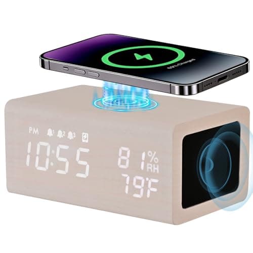 Wooden Digital Alarm Clocks,10W Wireless Charging with 3 Alarms, Dual 5W Stereo Bluetooth Speaker and Light Up with Sound, Adjustable Brightness Date Display Clock for Bedroom, Heavy Sleepers Adults - Image 1