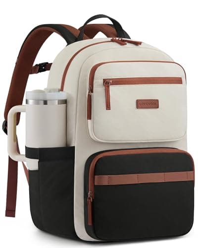 LOVEVOOK Laptop Backpack for Women, School Backpack for Teen Girls with Large Cup Holder, Lightweight Bookbag for College,Work,Travel fits 15.6 Inch Laptop,Beige-Black-Brown