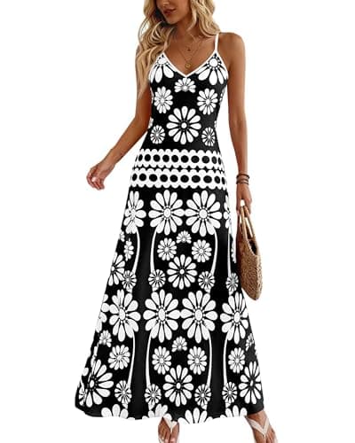 Zenlonr Womens Summer 2026 Wedding Guest Maxi Dresses Sphagetti Strap V Neck Floral Boho Long Dress Vacation(Black White Flower,X-Large) - Image 1