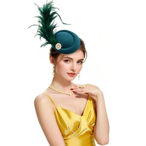 RiJinDuoJin Fascinators Hat Feathers Headband and Clip 20s 50s Pillbox Hats Cocktail Tea Party Headwear - Handmade Derby Hair Clip Feathers Fascinators for Girls and Women - Malachite Green - Image 1