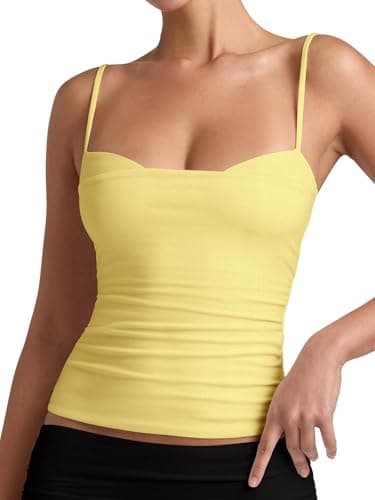 PINKMSTYLE Sleeveless Camisole Tops for Women Double Lined Spaghetti Strap Tank Top Slim Fit Cami Top Lemon Yellow Small - Image 1