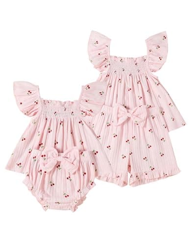 FAMIHAO Sister Matching Outfits Summer Toddler Girl Clothes Ruffle Shirt with Bow Bloomers Shorts Set Cute Outfits,Cherry&Pink 1-2T - Image 1