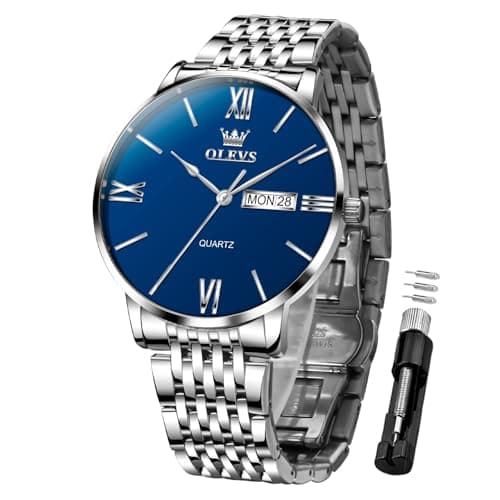 OLEVS Mens Watches Stainless Steel Analog Dress Men’s Watch Luxury Watches for Men Waterproof Silver Quartz Watch Blue Face for Large Wrist with Date, Roman Numerals Simple Wrist-Watch Reloj Hombre - Image 1