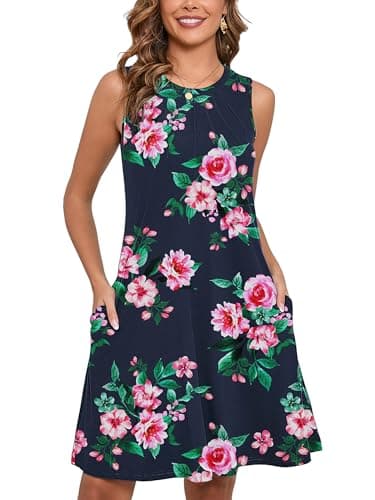 Heymoments Women Summer Dress Pink Peony Large Sleeveless Crew Neck Casual Cute Loose Fitting Tank Sundress Comfy Swing Midi Flowy A-line Trendy Beach Vacation Teacher Dresses with Pockets - Image 1