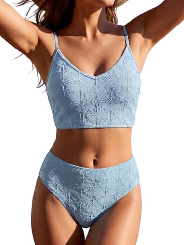 ZAFUL Women's Bikini Swimsuits Textured High Waisted Two Piece Blue Bathing Suits Tummy Control V Neck Adjustable Straps Swim Suit 2026 Modest Full Coverage Bikinis Small - Image 1
