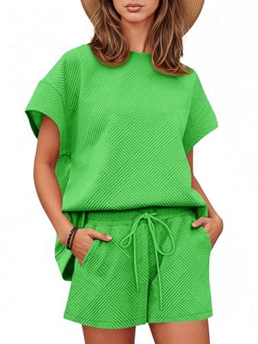 Tankaneo Womens 2 Piece Short Sets Outfits Summer Matching Lounge Set Casual Short Sleeve Tops and Shorts Pajama Set with Pockets Olive Drab - Image 1