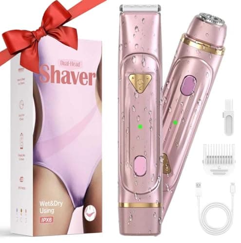 Bikini Trimmer for Women, 2 in 1 Electric Shaver for Women Private Area, IPX6 Waterproof Womens Shaver for Pubic Hair, Face, Legs, Underarms, USB-C Rechargeable (Pink)