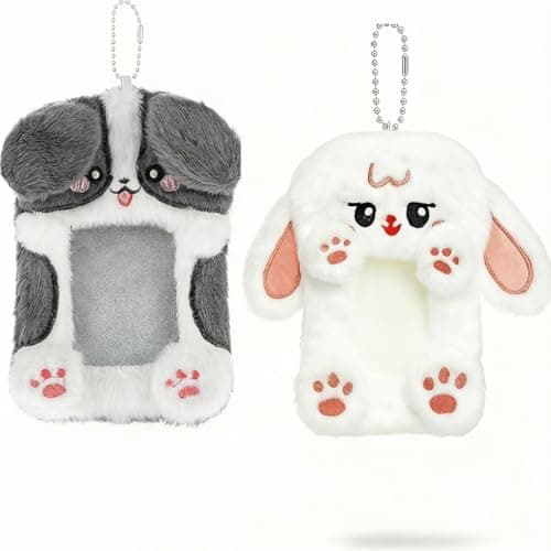 2PCS Cute Plush Photocard Holder with Keychain, Cartoon Animal Photo Sleeve ID Bank Badge Holder, Soft Idol Photo Protective Cover for Fans School Office, Best Christmas Birthday Gift - Image 1