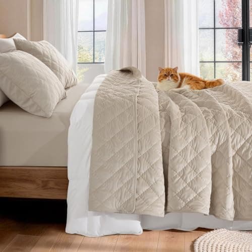 Uqocnh Luxury Velvet Quilt Set Queen Size 3 Piece, Soft Channel Stitch Velvet Comforter Set with 2 Pillow Shams, Lightweight Coverlet Bedspread Bedding Set for All Seasons, Beige - Image 1