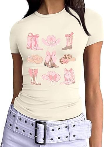 YHHR Y2k Graphic Tee Cute Bow Shirts for Women Coquette Crop Tops Baby Tee Vintage Clothes Slim Fit Trendy Country Shirt - Image 1
