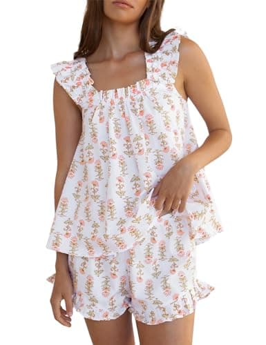 Wyeysyt Womens Floral Pajama Sets Ruffle Trim Cami Top and Shorts 2 Piece Sleepwear Set Pjs(Pink-S) - Image 1