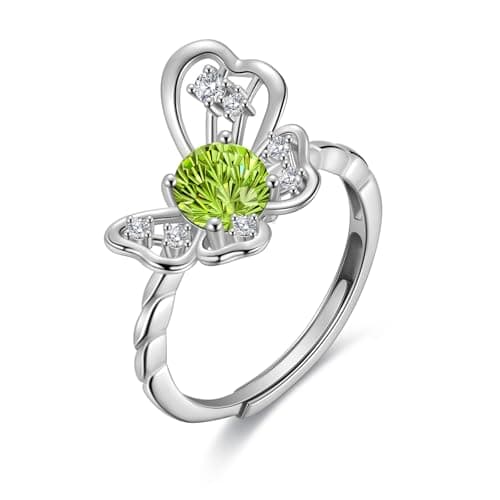 Birthstone Butterfly Ring - 925 Sterling Silver Firework-Cut August Peridot Cubic Zirconia Adjustable Anniversary Engagement Promise Ring Birthday Jewelry Gift for Women Wife Mom Daughter DR0165A